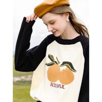 拉谷谷 【品牌优选】春秋撞色卡通提花圆领休闲宽松甜美可爱风针织衫女