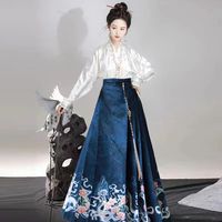 督型新中式明制汉服成人男女中国风飞机袖马面裙全套中国风裙子 月狐生莲白色上衣+蓝色马面裙 2XL