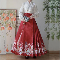 督型新中式明制汉服成人男女中国风飞机袖马面裙全套中国风裙子 月狐生莲白色上衣+红色马面裙 2XL
