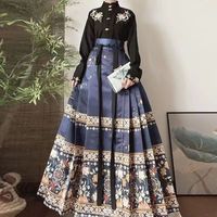 督型新中式明制汉服成人男女中国风飞机袖马面裙全套中国风裙子 春暖花开黑上衣+蓝马面裙 M