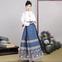 督型新中式明制汉服成人男女中国风飞机袖马面裙全套中国风裙子 春暖花开米上衣+蓝马面裙 L