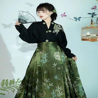 督型新中式明制汉服成人男女中国风飞机袖马面裙全套中国风裙子 竹影黑绿 XL
