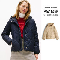 TOMMY HILFIGER 汤米女士菱格纹连帽棉服轻薄拉链时尚保暖外套