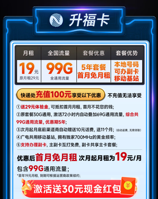 中国广电 本地归属地 首年19元月租(自动返话费+129G通用流量+可办副卡+首月免费用)畅享5G升福卡