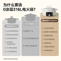 美的火锅电煮锅0涂层316L不锈钢内胆电火锅 2025多功能一体电锅2-3-4个人火锅锅 宿舍泡面锅 6L 【1800W母婴级316L加大加深内胆】