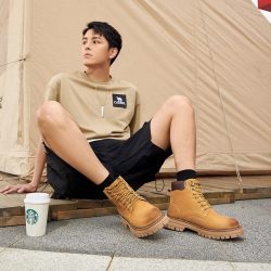 骆驼 男鞋冬大黄靴高帮增高英伦复古户外加绒工装马丁靴