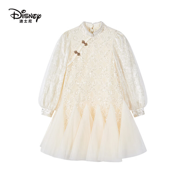 迪士尼 新中式国风女童连衣裙秋季洋气鱼尾裙蕾丝公主裙子 米色 均码 110cm