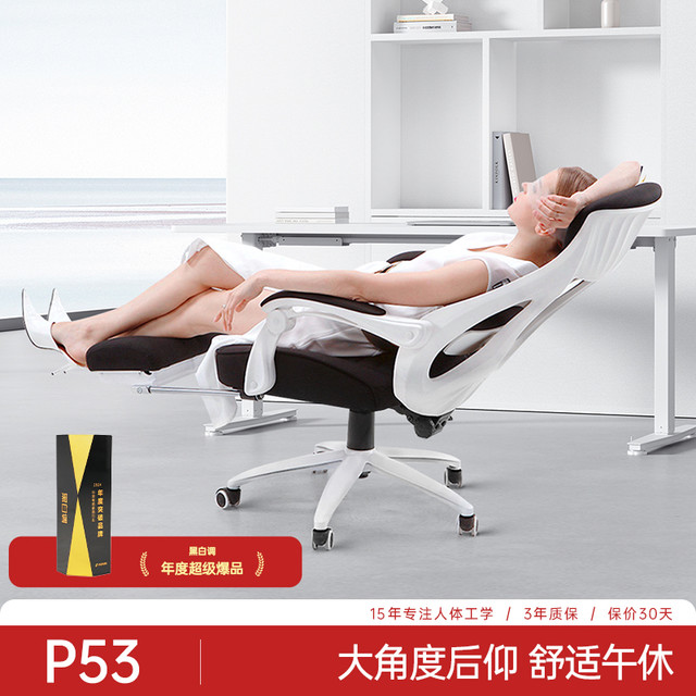 移动专享：黑白调 P53 舒适午休人体工学椅 可升降可躺