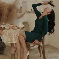 Diane Von Furstenberg 高级感秋冬森林绿色显瘦长袖收腰短款高端轻奢针织连衣裙