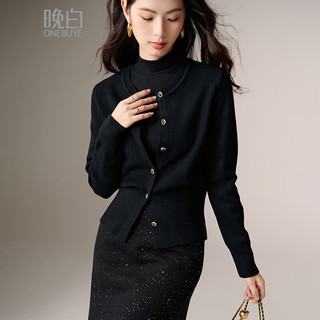 晚白2025秋款纯色时尚简约上衣圆领纽扣设计百搭针织外套女 黑色 M