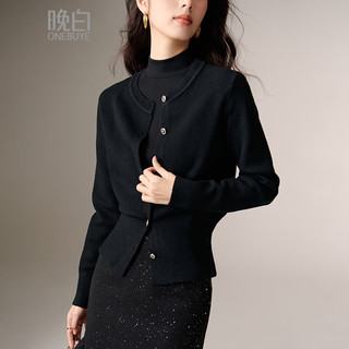 晚白2025秋款纯色时尚简约上衣圆领纽扣设计百搭针织外套女 黑色 M
