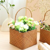 ken's 手工海草编提篮插花鲜花装饰篮田园风伴手礼品篮月子鸡蛋筐 正方形大号