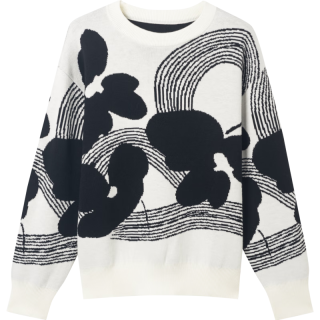 衣香丽影 宽松慵懒风毛衣女设计感黑白撞色羊毛上衣 黑底花型 S