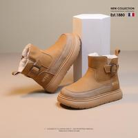 梦特娇 保暖女童靴子冬季软底男中大童棉靴复古百搭休闲皮靴