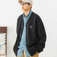 714STREET 华夫格毛衣开衫男2024秋季新款纯色情侣装V领针织衫外套