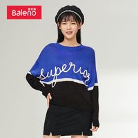 班尼路秋冬针织衫女潮流字母印花拼色长袖女套头柔软毛针织上衣