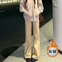 卡其色低腰加绒微喇牛仔裤女秋冬宽松显瘦直筒百搭拖地马蹄裤