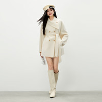 秋水伊人优雅100%绵羊毛翻领大衣2025年冬季通勤慵懒毛呢外套圣诞红 米白