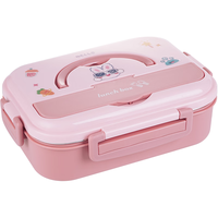 广意 304不锈钢保温小饭盒儿童大容量分格餐盒配勺筷 粉色GY8890 304兔子贴纸三格粉色  1.2L