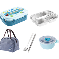 广意304不锈钢饭盒 儿童分格餐盒 小饭盒保温便当盒蓝色 GY7764 304潜水三格蓝色套装  1L
