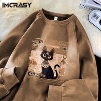 IMCRASY麂皮绒卫衣男女装春秋美式复古上衣潮牌宽松卡通印花圆领