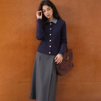 自巧小个子韩系学院风绞花针织开衫女2025秋冬新款圆领针织衫上衣 藏青色 S (尺码:3)