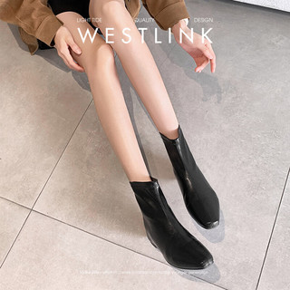 西遇（Westlink）内增高短靴女2025秋冬韩系百搭洋气小踝靴黑色方头瘦瘦靴 黑色 35 (225)
