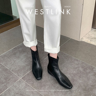 西遇（Westlink）内增高短靴女2025秋冬韩系百搭洋气小踝靴黑色方头瘦瘦靴 黑色 35 (225)