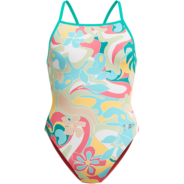 速比涛 泳衣女竞训系列印花运动肩背灵活防晒抗氯连体泳衣 粉/红 38