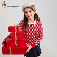 暇步士(Hush Puppies)童装女大童针织衫冬季新款新年拜年服时尚棋盘格甜美线衣 经典红 1