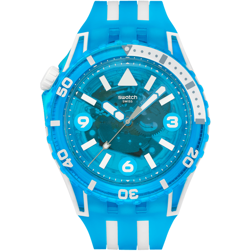 斯沃琪（Swatch）瑞士手表 潜航系列 时尚夜光透视石英腕表  新年  蓝火潜航