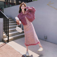 妍莉芬 穿搭衣服牛仔外套吊带裙子套装女秋季2025年新款针织连衣裙两件套