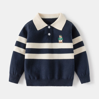 WELLKIDS潮流卡通毛衣秋冬男童套头衫宝宝毛线衣服韩版儿童毛衣 藏黑翻领 130