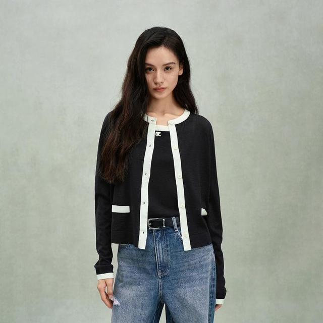 欧时力 限定系列OCH.春装 100%羊毛开衫上衣撞色小香风针织外套