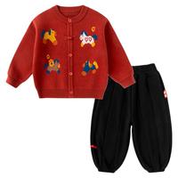 DUDUJIA嘟嘟家男童唐装冬季女童新年装宝宝拜年服红色毛衣裤子儿童毛线衣