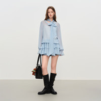 范思蓝恩 韩系芭蕾风荷叶边T恤女2025秋冬雪纺飘带衬衫叠穿两件套 晨雾蓝衬衫 S