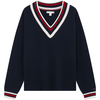 TOMMY HILFIGER TommyHilfiger25秋冬女经典复古美式学院风拼色V领慵懒套头针织衫