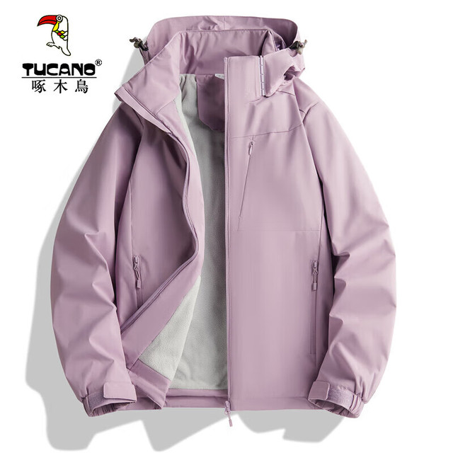 移动端、京东百亿补贴：啄木鸟 加绒一体冲锋衣女男单层户外秋冬登山服外套夹克外套保暖软壳风衣 9930S香芋紫-女