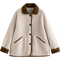 初语外套女2025冬季毛绒麂皮绒撞色拼接皮毛一体棉服 米杏色 M