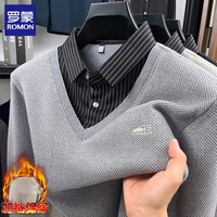 罗蒙（ROMON）假两件仿雪貂绒加绒毛衣男2025秋冬保暖男士针织打底衫上衣 223灰色 M (体重100-120斤)