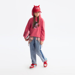 马骑顿 童装女童卫衣2025春季连帽儿童扎染印花兔子时尚粉色上衣 玫红 130