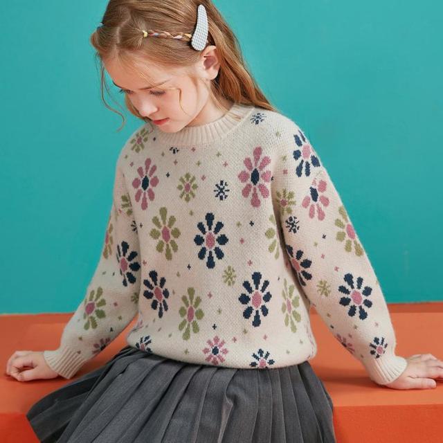 ASK junior 女童毛衣25冬中大童双层提花加厚保暖落肩袖毛衫青少年