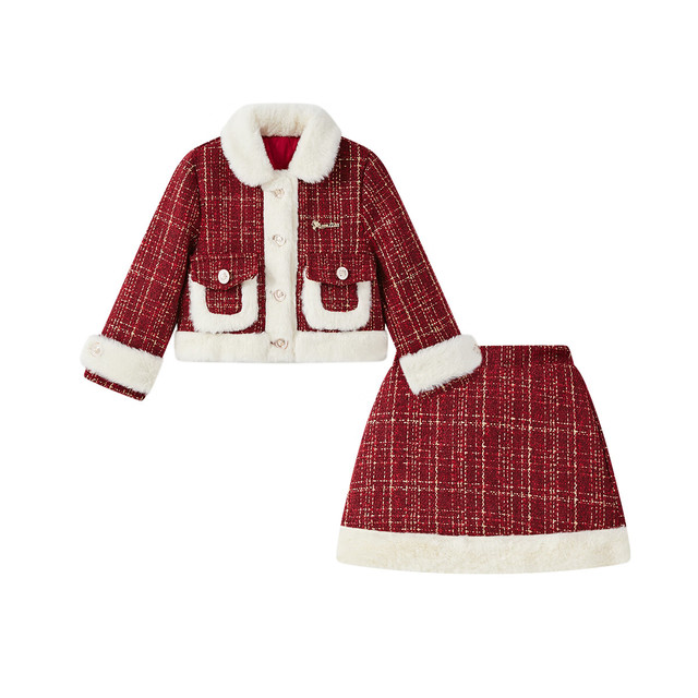 迪士尼 儿童新年套装女童拜年服红色冬季保暖夹棉加厚毛呢外套裙子两件套