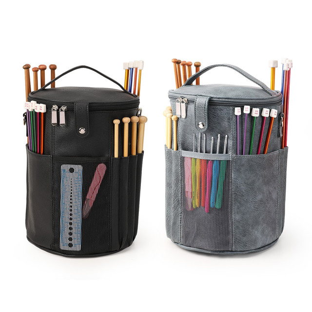 槿致 毛线收纳袋PU圆桶毛线钩针棒针收纳包大容量多功能编织工具整理包