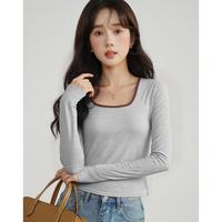 快鱼 秋季方领辣妹装长袖T恤女正肩显瘦撞色上衣针织衫