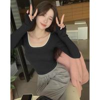 快鱼 女士方领长袖T恤 撞色针织衫