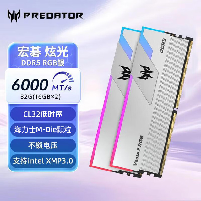 宏碁掠夺者 宏碁内存条32G 64G套装DDR5 6000/7200/8000频率台式电脑内存条马甲条电竞游戏 32G(16G*2)6000 C32炫光银 379