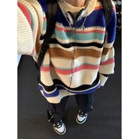 黑盒白学院风彩虹条纹圆领毛衣男女复古慵懒风学生秋冬季情侣针织衫男 XH-Y39