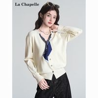 拉夏贝尔法式学院风丝巾V领毛衣女小众设计感减龄打底针织小开衫【15天内】