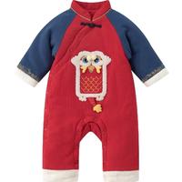 aqpa婴儿年服夹棉棉服秋冬保暖红色满月百天宝宝衣服连体衣哈衣萌